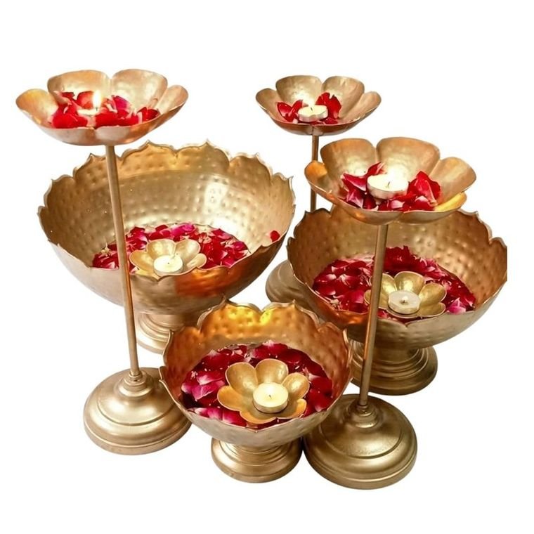 Royal Hammered Gold Metal Urli Bowl & Lotus Floating Diya Stand Combo Set