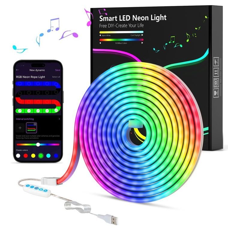 5-Meter Smart App & Music-Sync RGB Neon LED Rope Strip Light with Remote