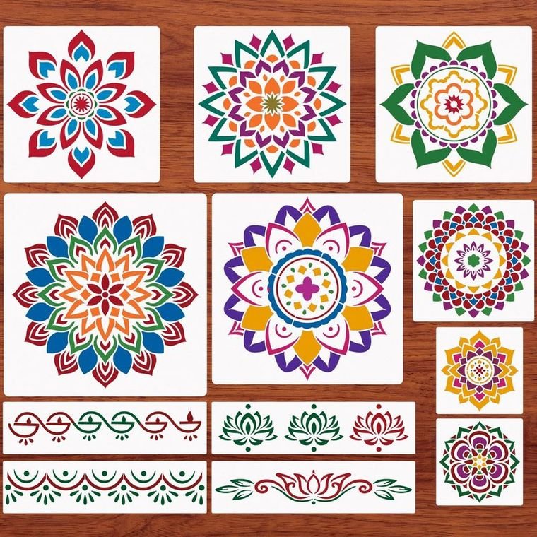 Reusable Carved Wooden Mandala Rangoli Stencil Mat Set (Pack of 6 Designs)