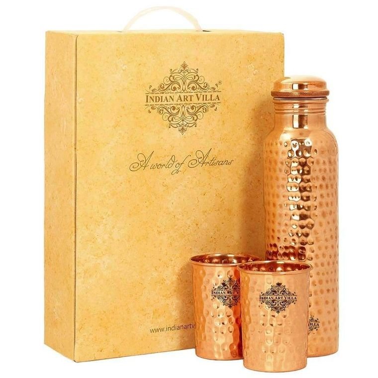 Dhanteras Shubh 100% Pure Hammered Copper Bottle (1L) + 2 Glasses Velvet Gift Set