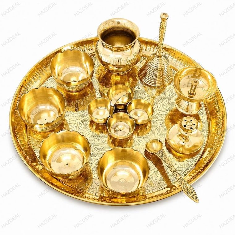 Pure Brass (Peetal) Engraved 7-Pc Complete Dhanteras & Diwali Pooja Thali Set