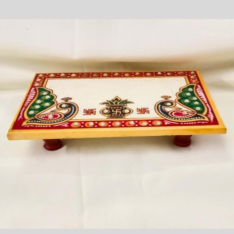 Handcrafted Kundan Meenakari Marble Pooja Chowki / Bajot (4×4 Inch)