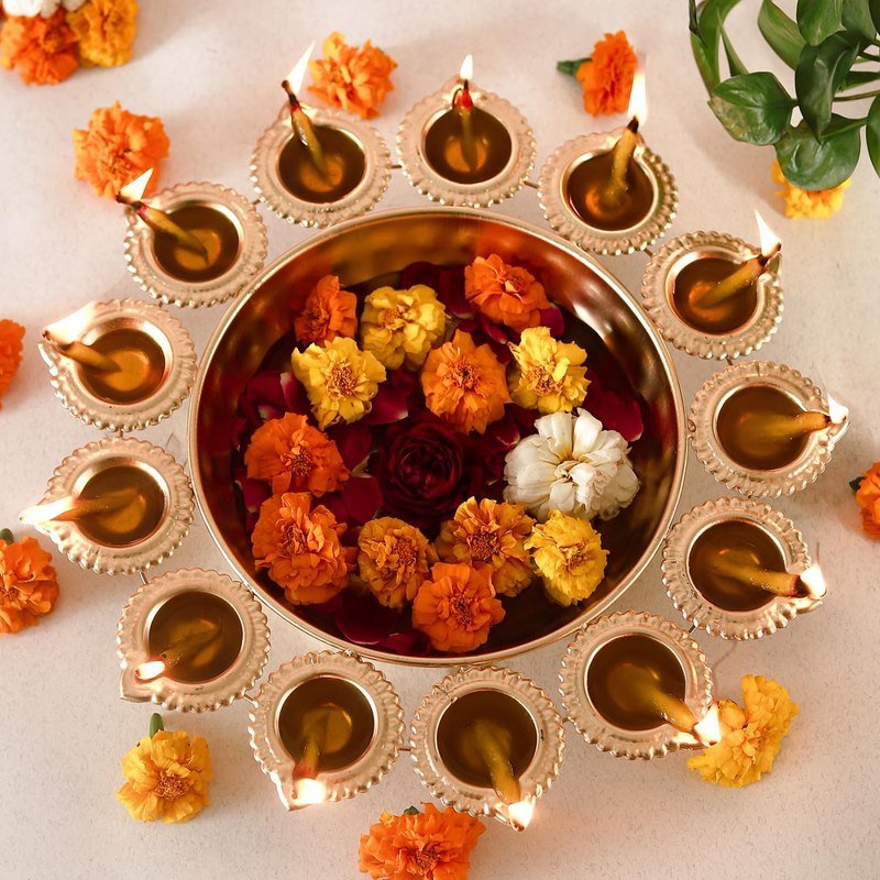 Handcrafted Golden Diya-Shape Metal Floating Flower & Tealight Urli Bowl