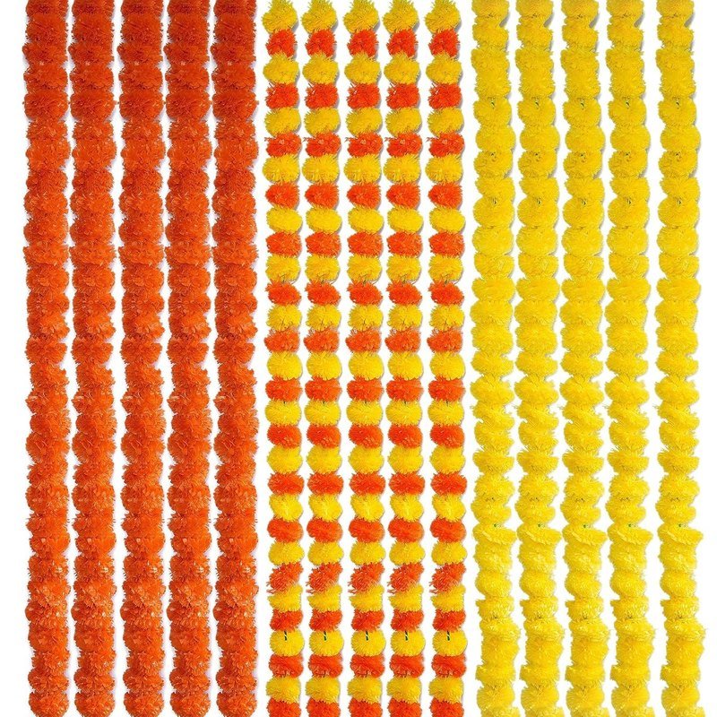 Fluffy Artificial Marigold (Genda Phool) Door Garland Ladi — Pack of 5 Strings (5 Ft)