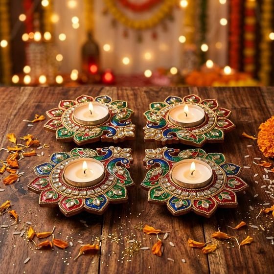 Decorative Peacock Rangoli Diya (Set of 4)